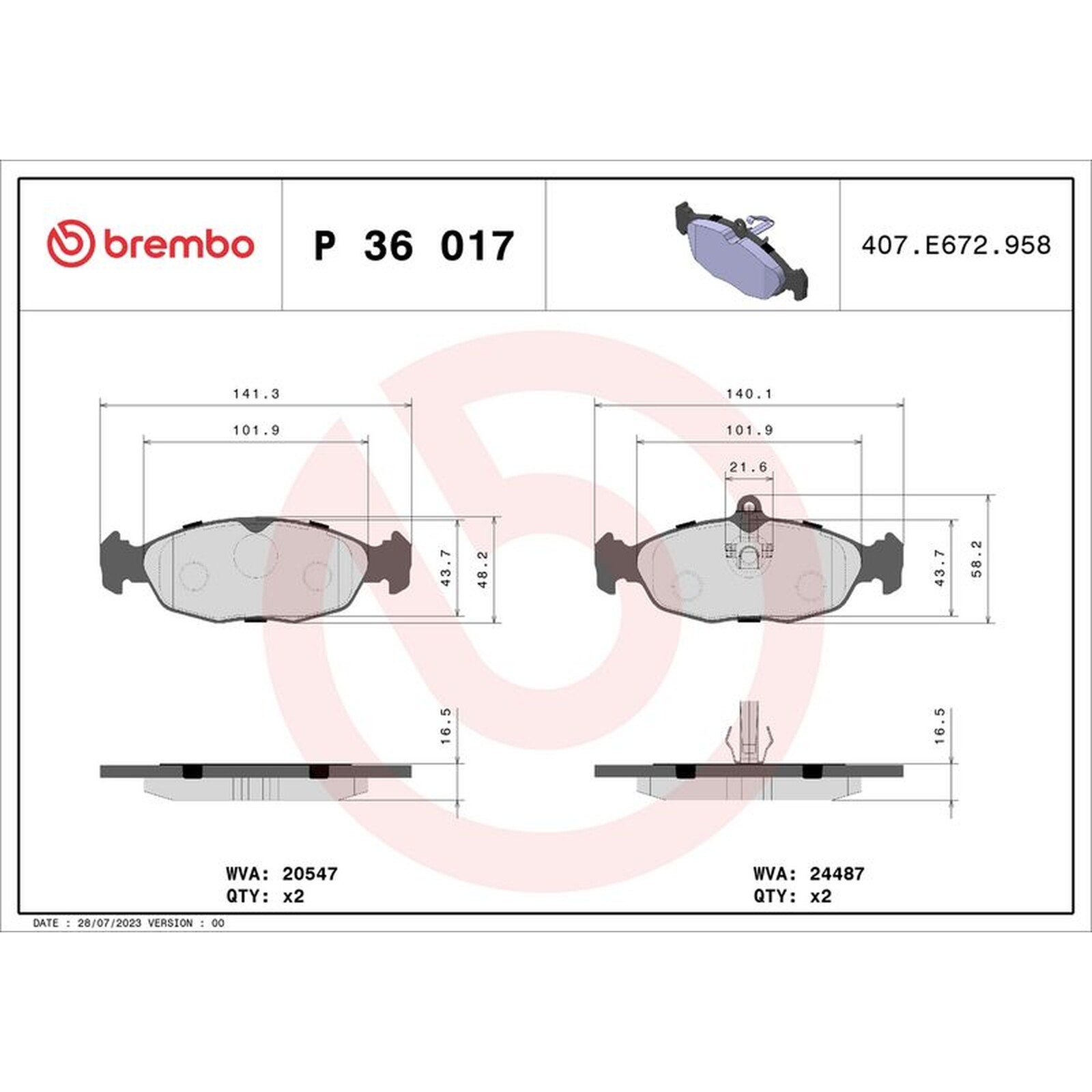 BREMBO Brake Pad Set With Piston Clip P36017 Fits Jaguar Rear Axle - OE Quality