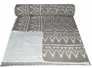 Indian Hand Block Print Queen Cotton Kantha Quilt Throw Blanket Bedspread Gudari