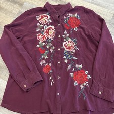 Johnny Was Workshop Button Up Shirt Embroidered Floral Boho Silk Size XL Peasant
