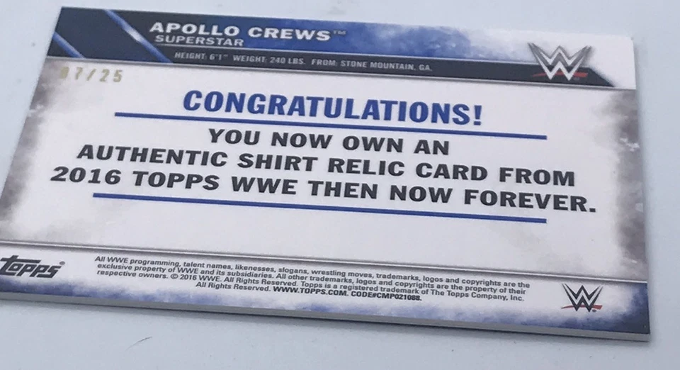 Apollo Crews 2016 Topps WWE Then & Now Wrestling Rookie Shirt Relic Card 7 Of 25 - Image 2 of 2