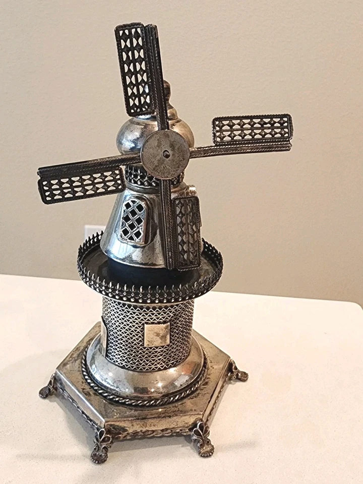 Antigua estatuilla torre molino de viento hojas giratorias de plata esterlina judaica de colección Foto 2 de 4