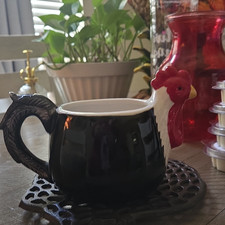 Rooster Shaped Ceramic Coffee Mug Black White Red Figural Painted Decorated