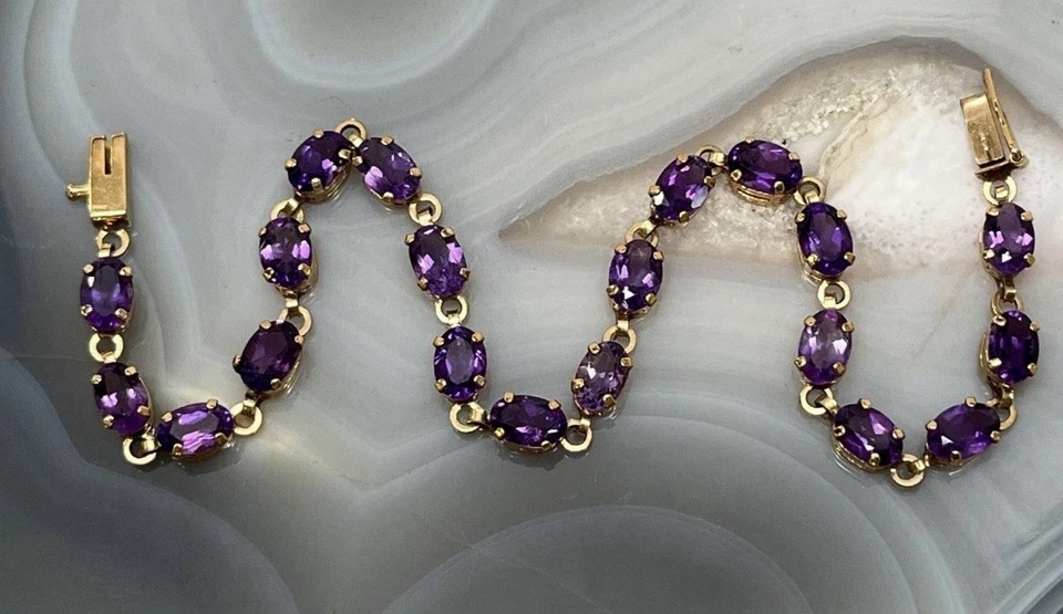 10K 黄金紫水晶石椭圆形链接精致网球 7 1/4 英寸手链 4.7 克 — 第 2/4 张图片