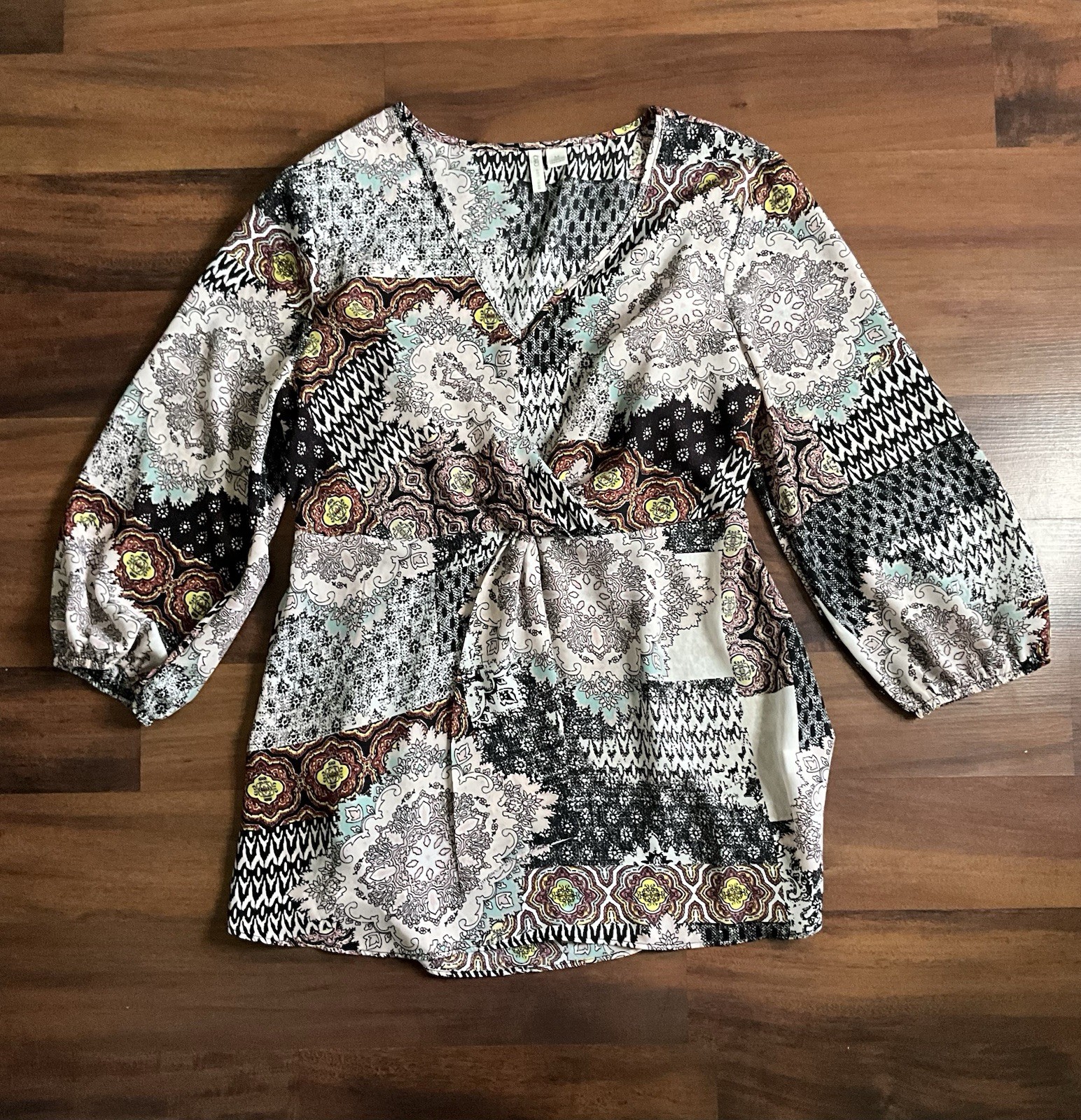 CATO Boho Patchwork Blouse Medium V-Neck Peasant … - image 1