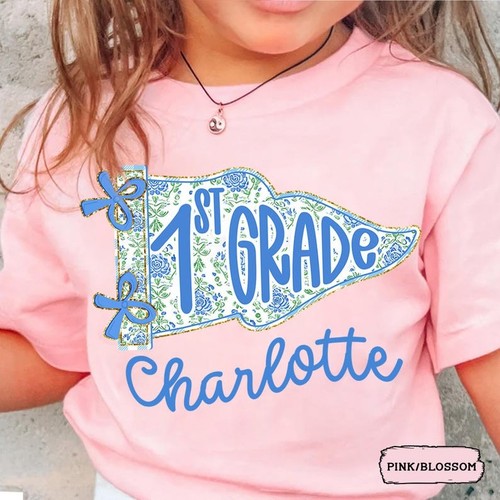 Custom 1st Grade Girl Shirt, Floral Back to School Name Tee for Kids - Picture 3 of 6