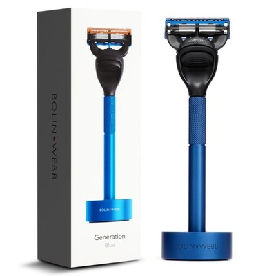 Bolin Webb Generation Razor and Stand in Blue. Fitted with Gillette Fusion5 B...