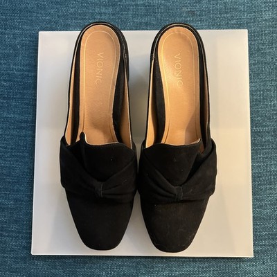 VIONIC Plaza Presley Bow Blac Suede Heeled Mules Slip On Women s Shoes Size US 1