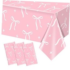 3Pcs Pink Bow Birthday Plastic Tablecloth Conquette Birthday Rectangle Table