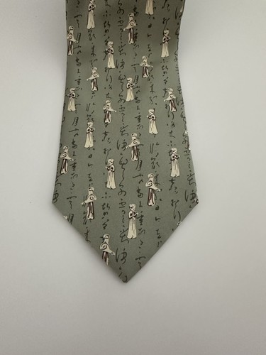 Oriental Asian 100% Silk Men's Neck Tie Fortune Art Life Sage/Tan 3.25 X 60