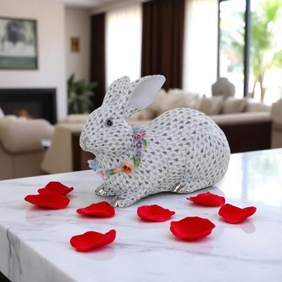 Herend Gray Bunny with Garland   Hand-Painted Porcelain Figurine