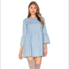 NWT FAITHFULL THE BRAND Phoebe Light Denim Mini Dress Babydoll Bell Sleeves Sz 6