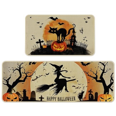 Halloween Kitchen Mat Set Spooky Witch Pumpkin Cat Non Slip Decor 2 PCS