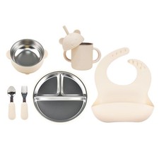 Stainless Steel Baby Feeding Set 6-Piece Suction Plate and Bowl, Straw Cu...