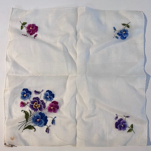 VINTAGE! Sweet Embroidered Floral Handkerchief Blue Pink Green