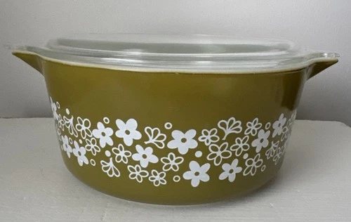 Pyrex Avocado Green Spring Blossom Crazy Daisy 475-B Casserole Dish Lid Vintage