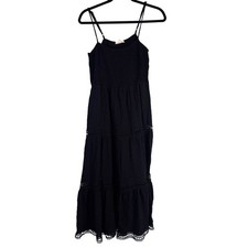 Ee:some Maxi Dress Smocked Tiered Crochet Lace Large Black Womens