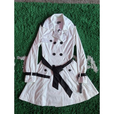Windsor White Trench Coat Black Contrast Lace Up Back Double Breasted Small