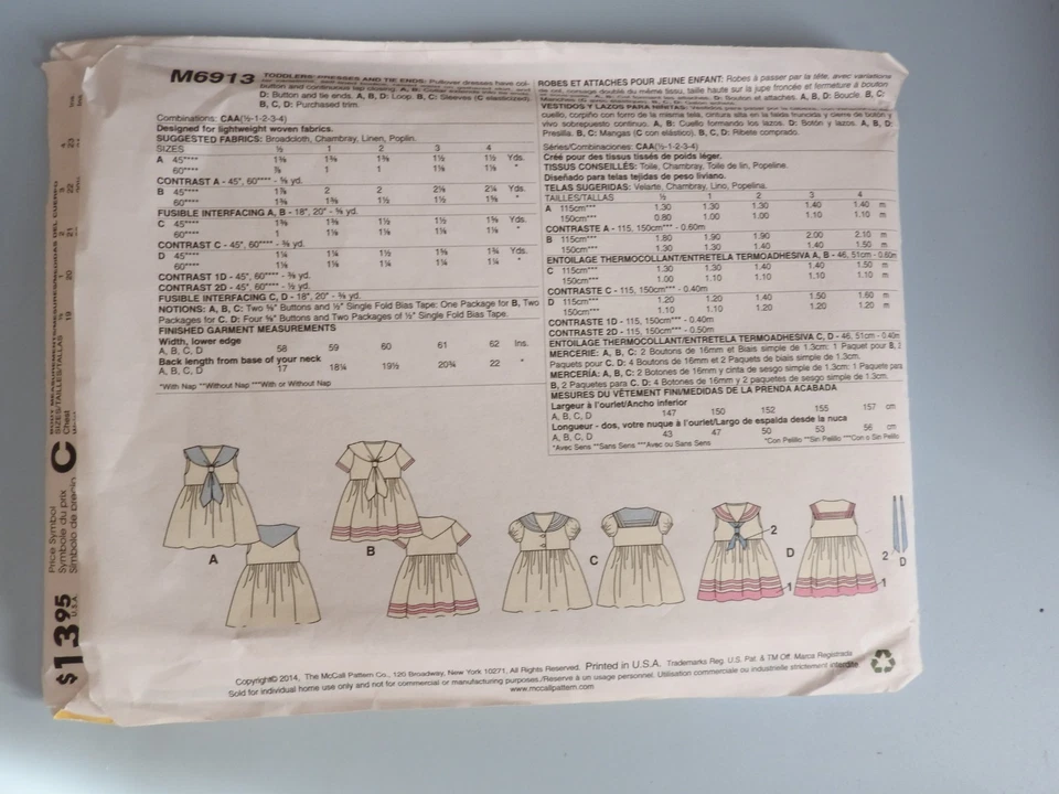 McCalls M6913 sewing pattern Girls Sailor Dress sizes 6m to 4 years UNCUT UNUSED - Image 3 of 3