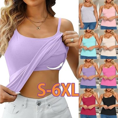 Damen Fit Unterhemd integriertem BH Bra Cami TankTop verstellbar Spaghetti Weste