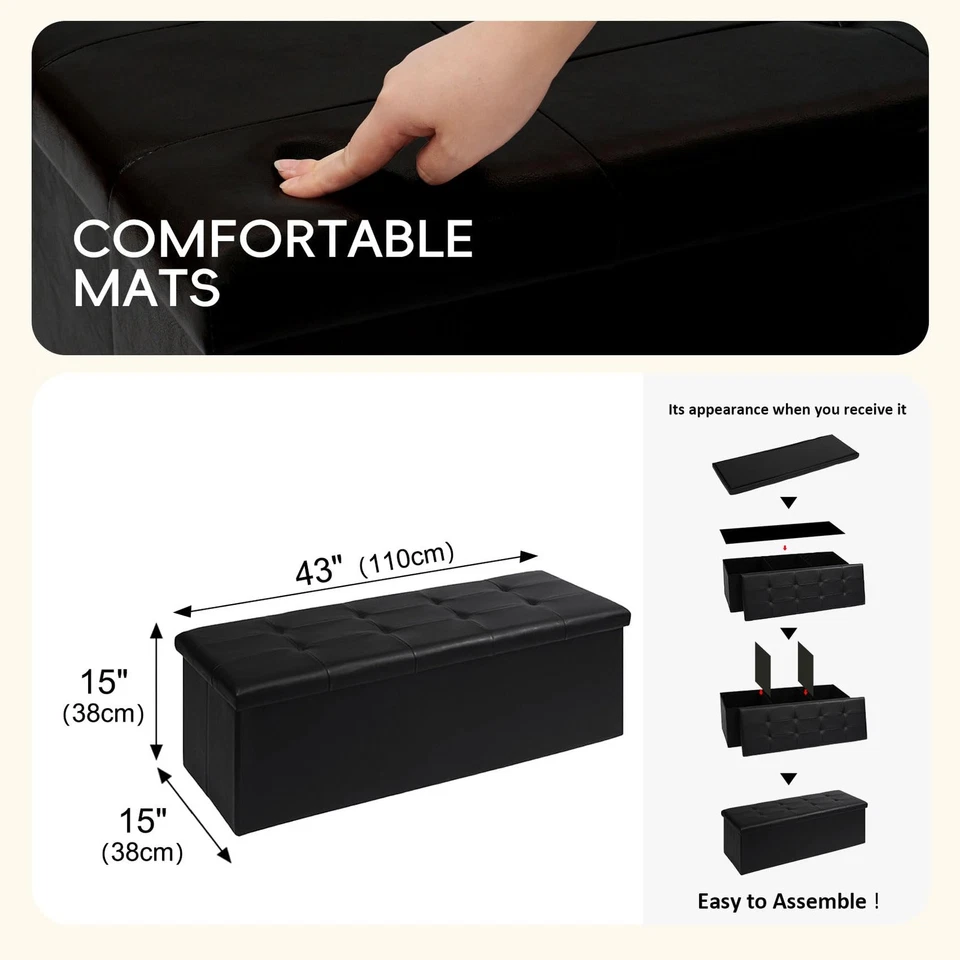 Banco otomano de almacenamiento plegable, cofre largo de cuero sintético negro con bandeja, pie... Foto 3 de 4