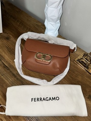 Ferragamo Brown Pebbled Leather Shoulder Bag Gold-Tone Hardware w