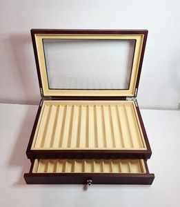 2 Tier 23 Slot Fountain Pen Display Cherry Wood Burl Pattern Collectors Case Box