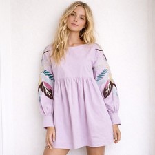 Free People Obsessions Lavender Embroidered Floral Mini Dress XS Cotton