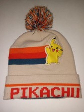 Pokemon Pikachu Knit Beanie Hat Cuffed Pom Poms Beige Red 2022 Nintendo