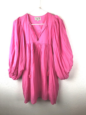 Mille Resort Travel Dress SZS Pink Short Long Balloon Sleeves Tie Beach FLAW A11