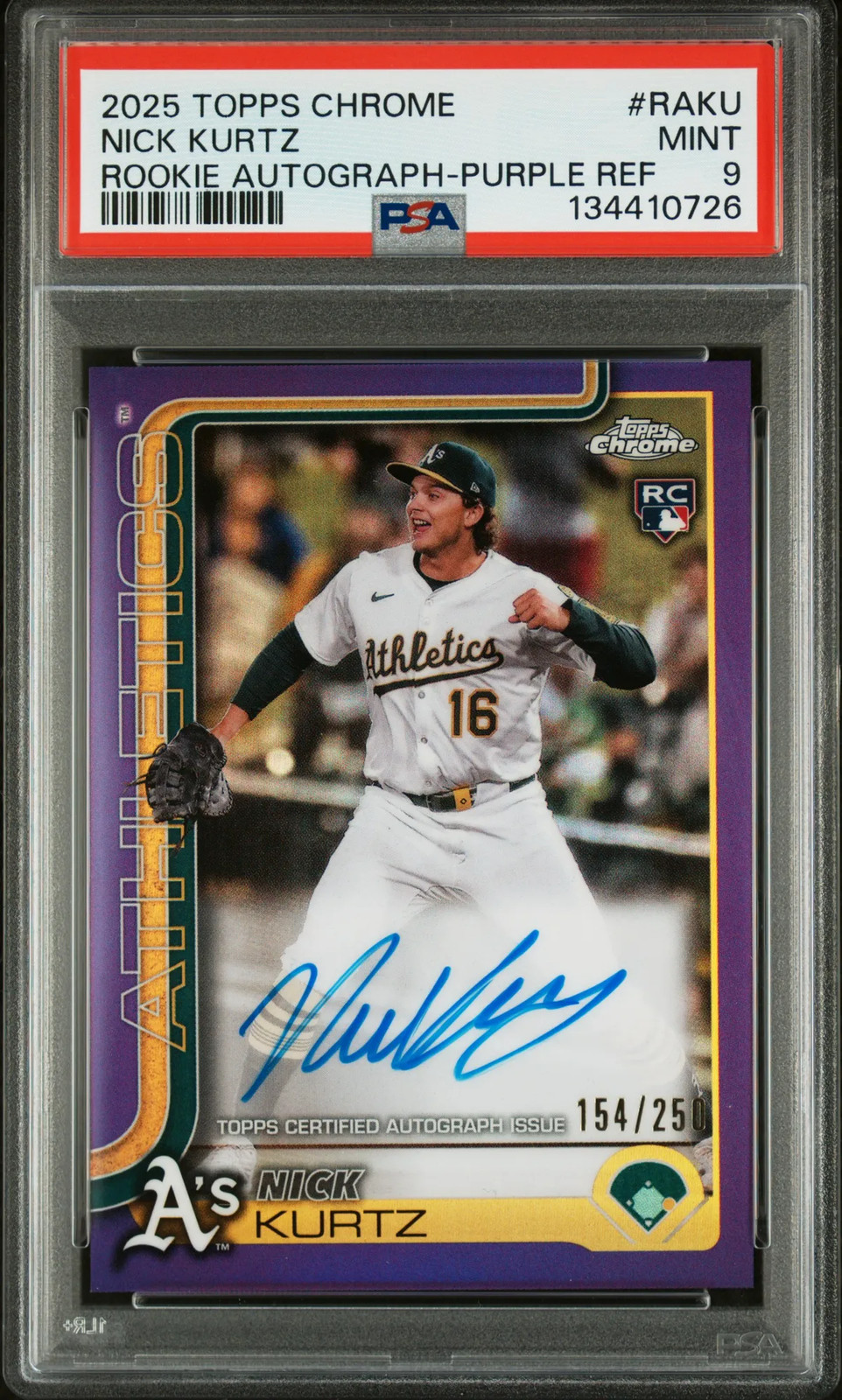 Nick Kurtz 2025 Topps Chrome Rookie Autographs #RAKU Purple Ref 154/250 PSA 9