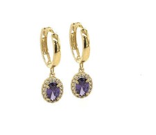 14k Yellow Gold Halo Oval CZ Birthstone Huggie Earrings