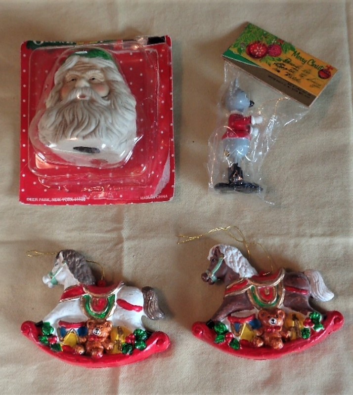 4 Vintage MISC Christmas Ornaments, Rocking horses, Santa Head, Cat on skis New!