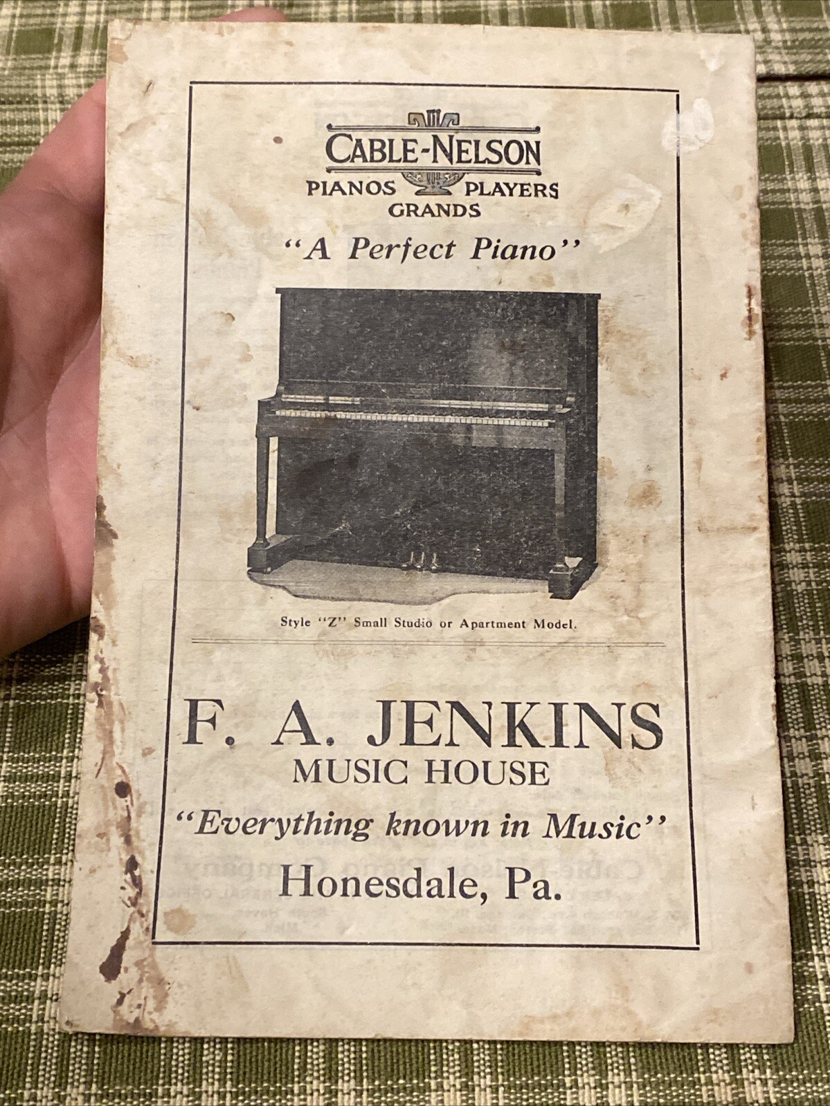 Antique 1908 Cable Nelson Piano Co FA Jenkins Honesdale Sheet Music Advertising