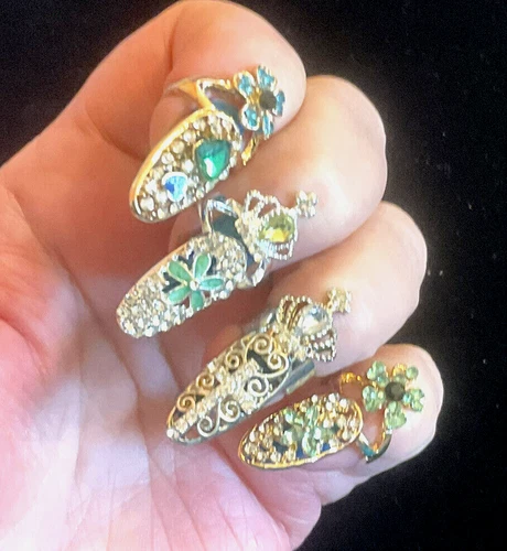 SET OF 9 CRYSTAL NAIL RINGS Silver Gold Pearls Gemstones One Size Fits All
