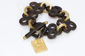 Authentic Karl Lagerfeld Paris Gold Plated Brown Faux Tortoise Lucite Logo Chain Bracelet