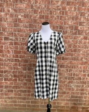 LOFT Black White Linen Blend Gingham Plaid Button V-Neck Dress size 8