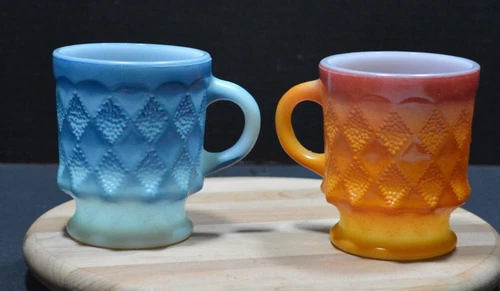Vintage Anchor Hocking Fire King Kimberly Diamond Milk Glass Mug B&O Set of 2
