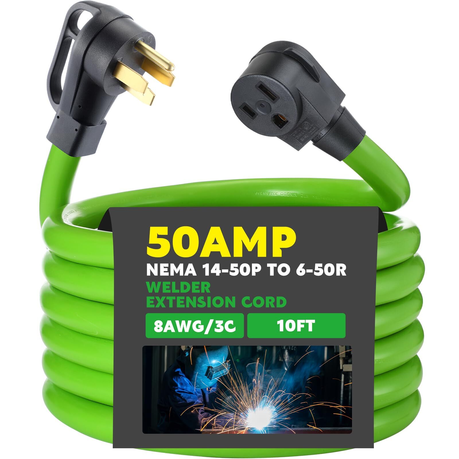 10ft 8AWG 50Amp Welder Extension Cord with NEMA 14-50P to 6-50R, 4 Prong to 3...