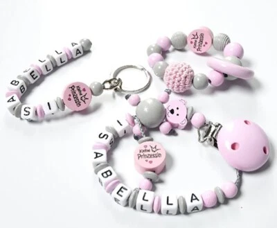 NELINO SCHNULLERKETTE MIT NAMEN SET Schnullerkette mit Namen Mädchen Prinzessin 3 tlg. SET Baby♥Geburt♥Geschenk