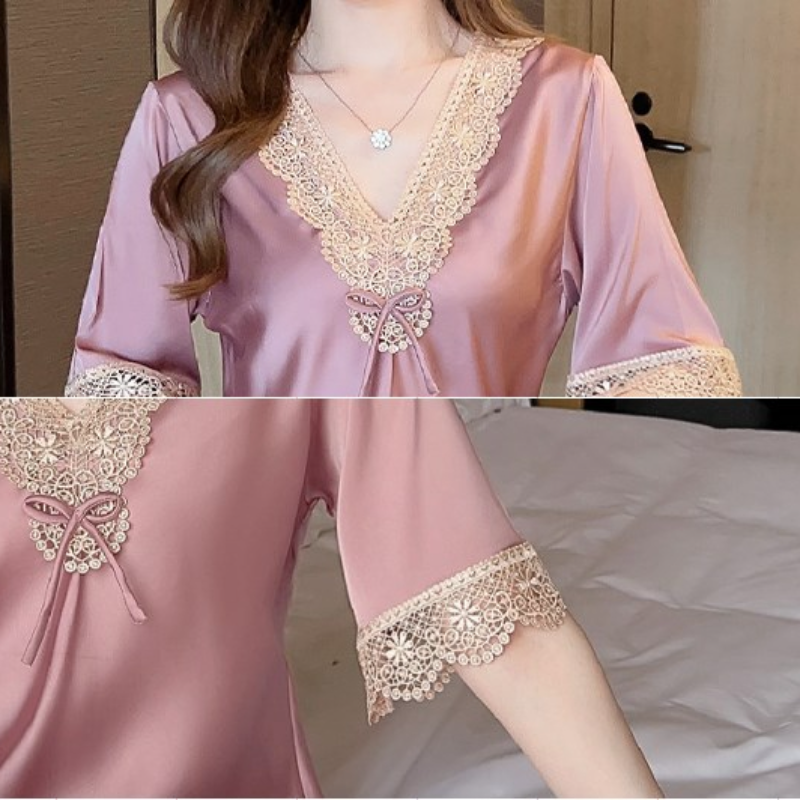 Accappatoio Donna In Seta Raso - Scollo A V, Manica Corta - Camicia Da Notte Elegante - Foto 2