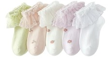 5 Pairs Girls Ruffle Socks Cute White Frilly Lace 4-6 Years Macaron Colors