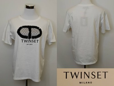 Twinset Milano T-Shirt Women's M White with Black Ruffle NWT MSRP $110 #J4938