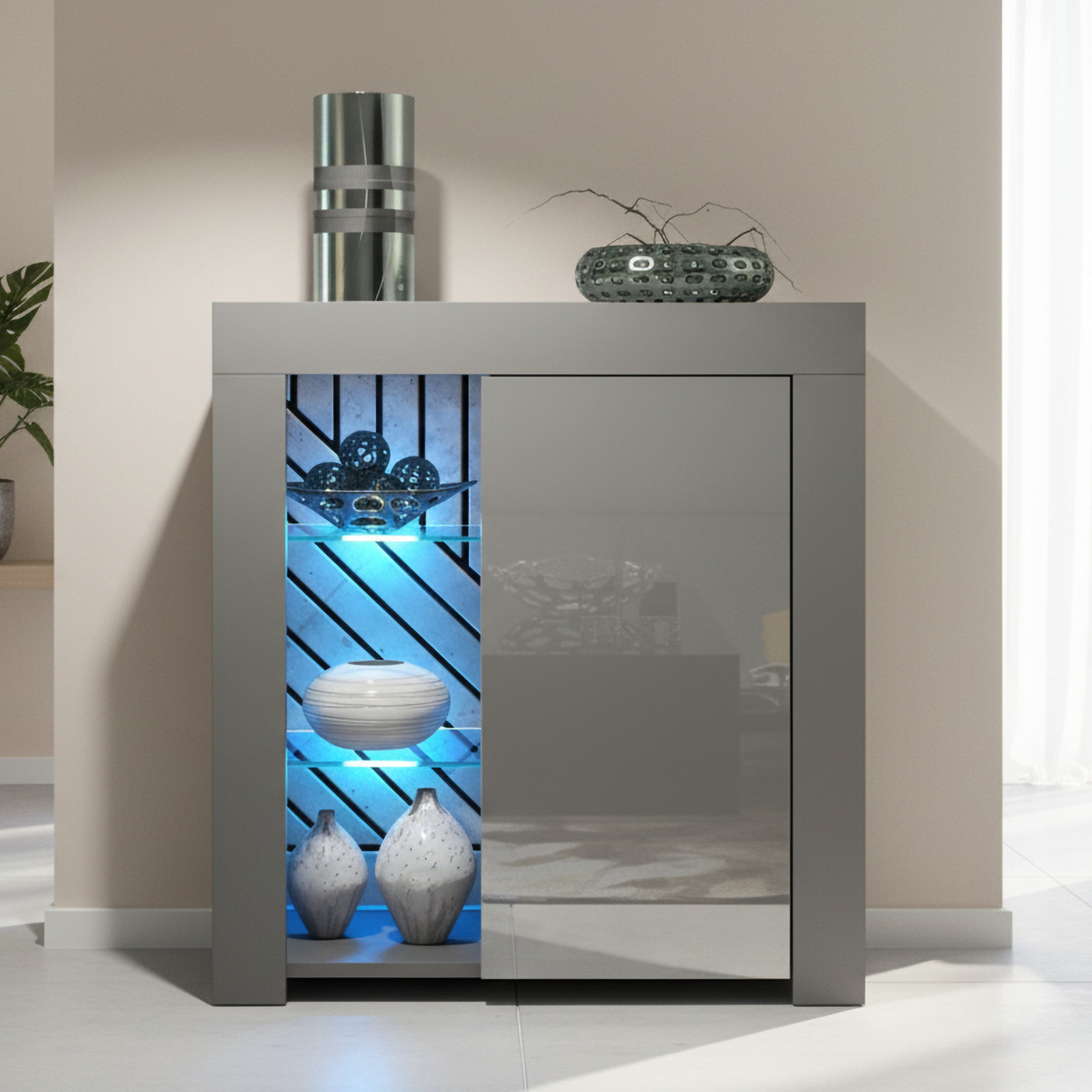 Sideboard Cabinet Storage Unit Grey Gloss LED Shelves Modern Furniture 75cm