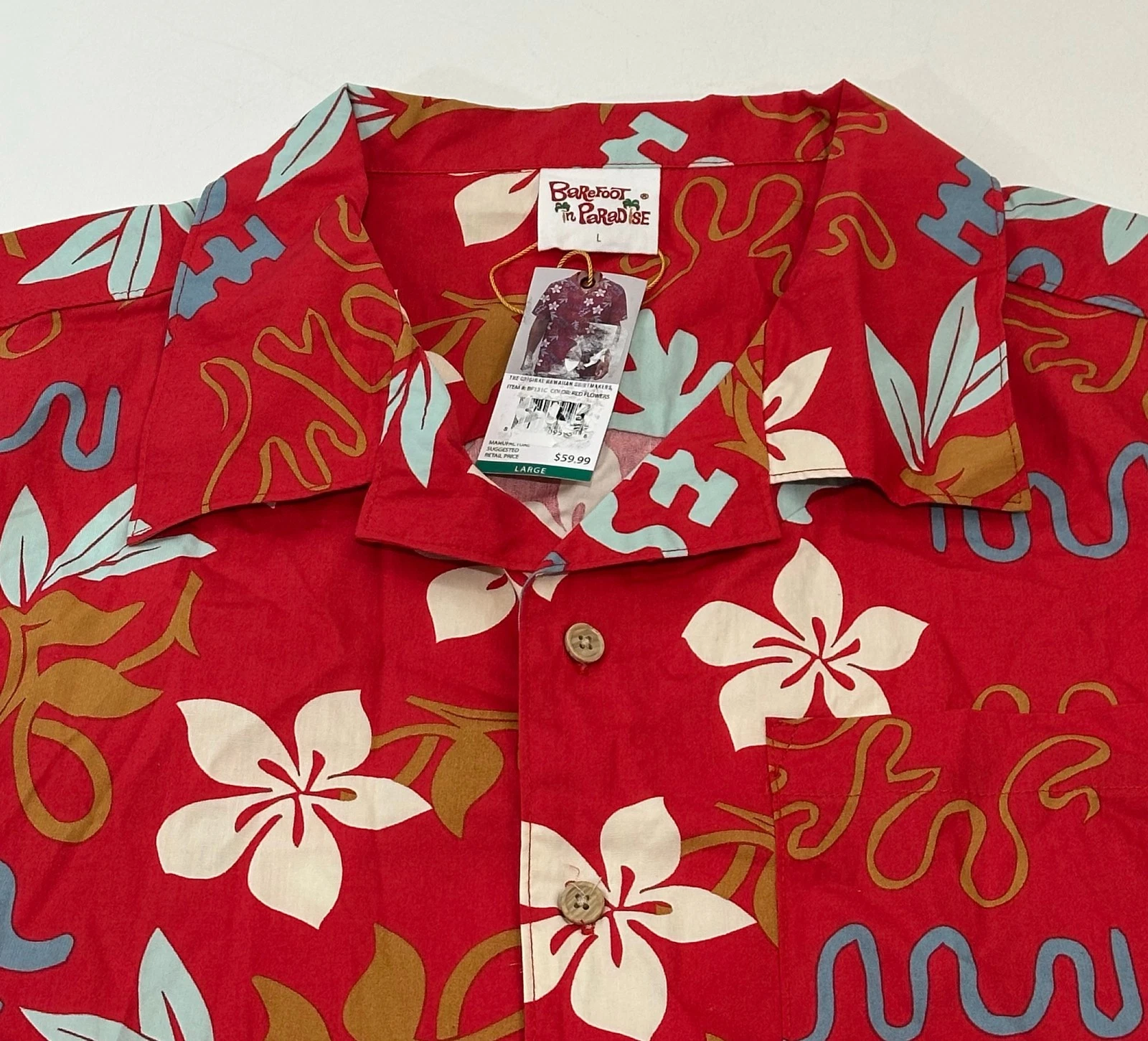 Barefoot In Paradise Mens Size L Hawaiian Button Down Red Flowers Shirt NWT