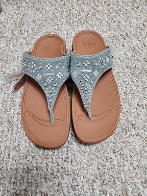 FitFlop Lulu Aztek Stud Toe Thong Sandals Suede 8 Dove Blue New