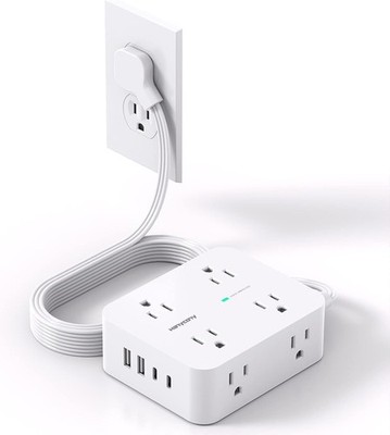 Power Strip with Multi Outlet USB C Charger 5 FT Extension Cord Flat Plug