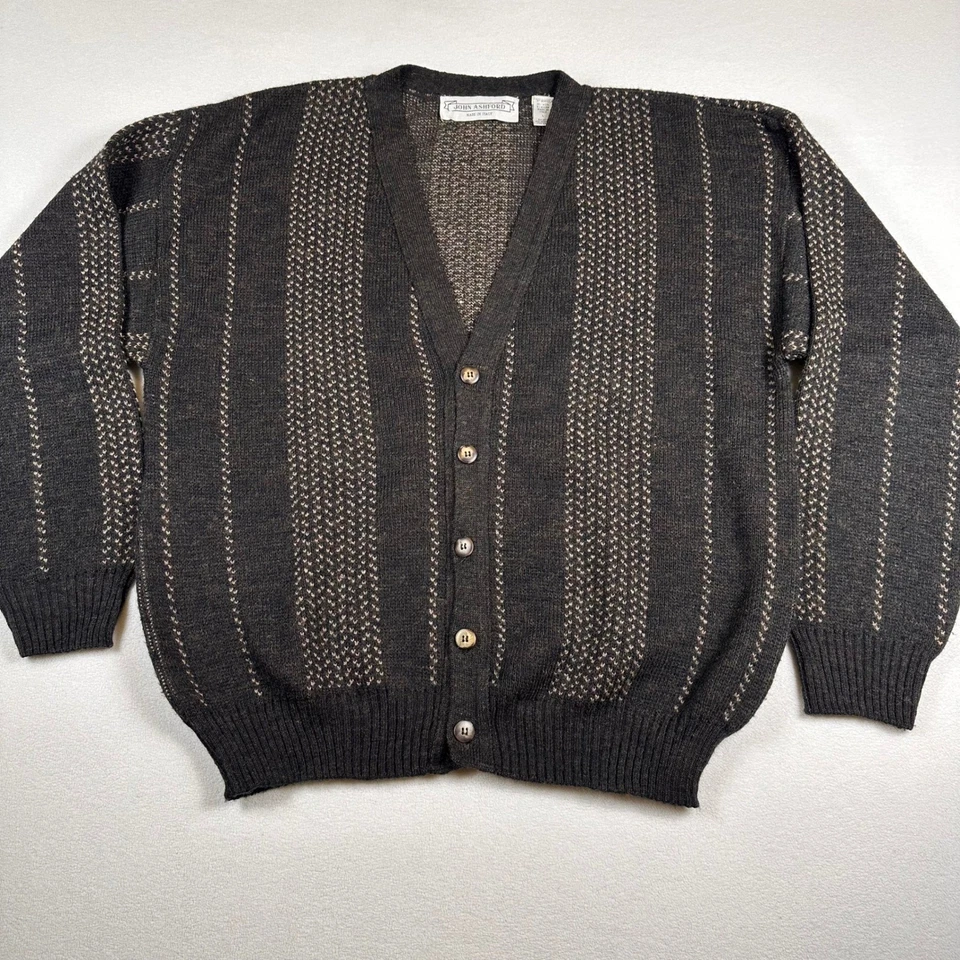 Cardigã masculino JOHN ASHFORD suéter tamanho G feito na Itália malha cinza carvão - Imagem 2 de 4