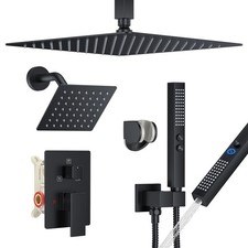 Dual Shower Head System Ceiling Mount 12 Inch Rain Shower Handheld Matte Black
