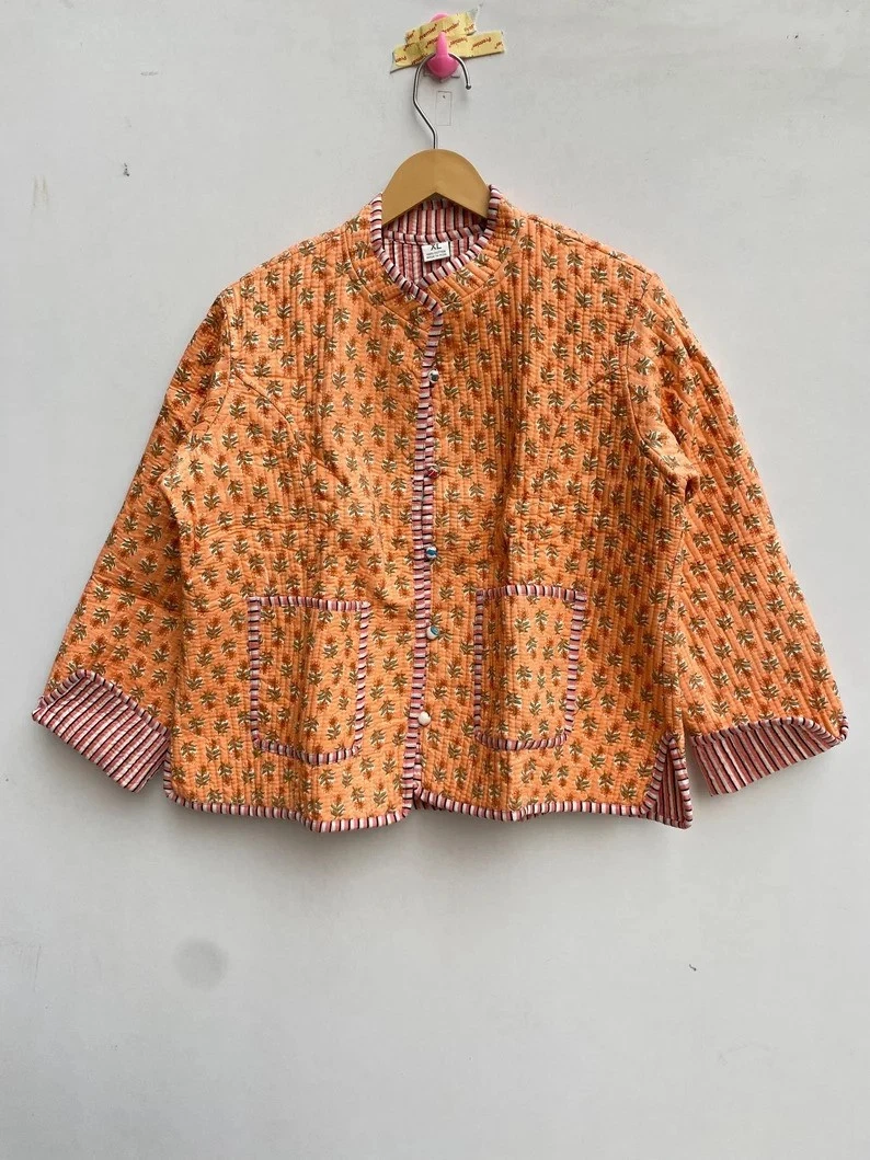Indian Peach Floral 100% Cotton Quilted Unisex Jacket Women's Clothing Jacket AU