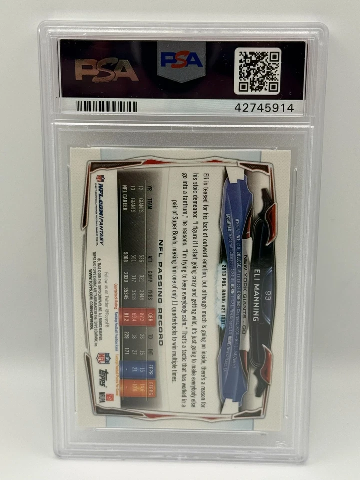 2014 Topps Chrome Eli Manning Pulsar Refractor PSA 10 Gem Mint #93 Giants Pop 4 - Image 2 of 2